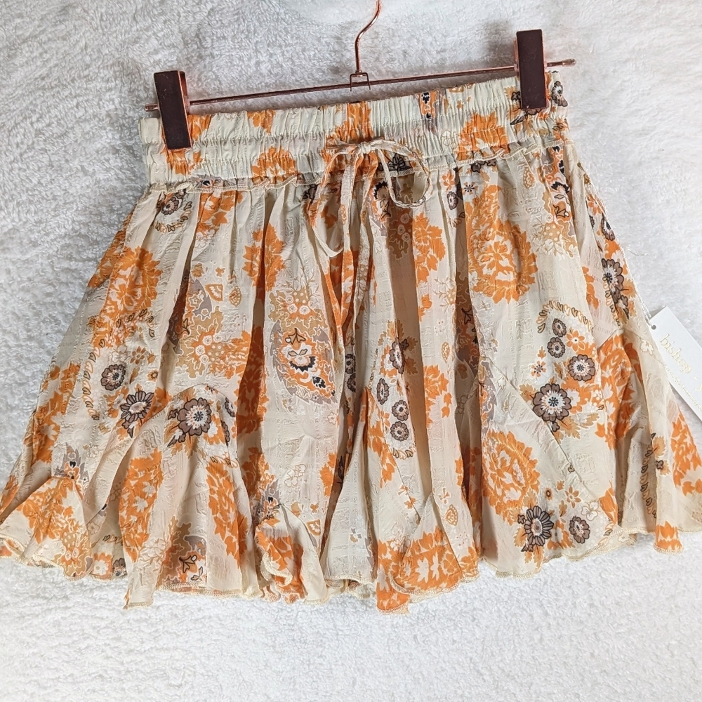 666- Anthropologie Bishop +‎ Young Floral Orange and Cream Mini Skirt